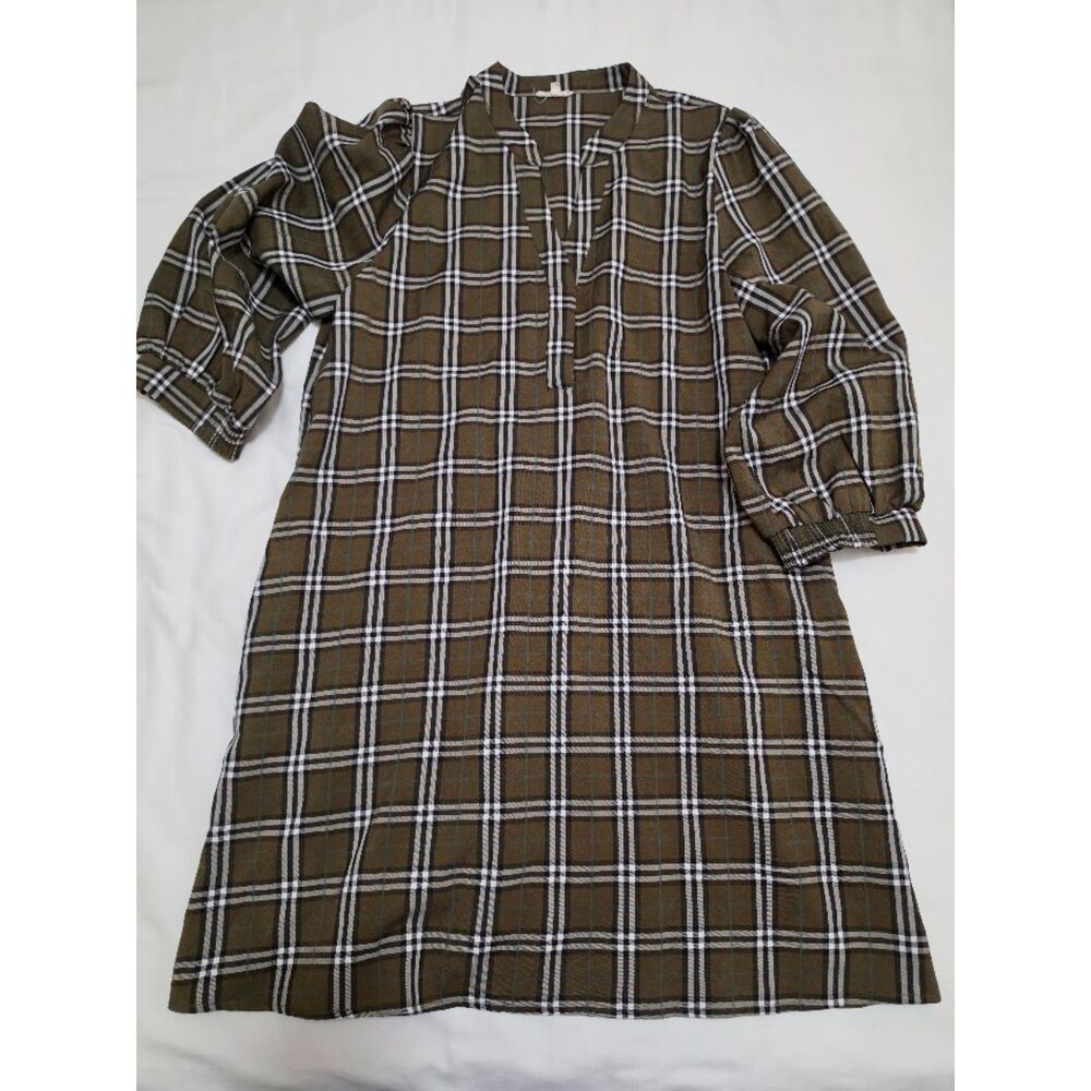 Jodifl olive green plaid tunic shift perfect fall dress w pockets L